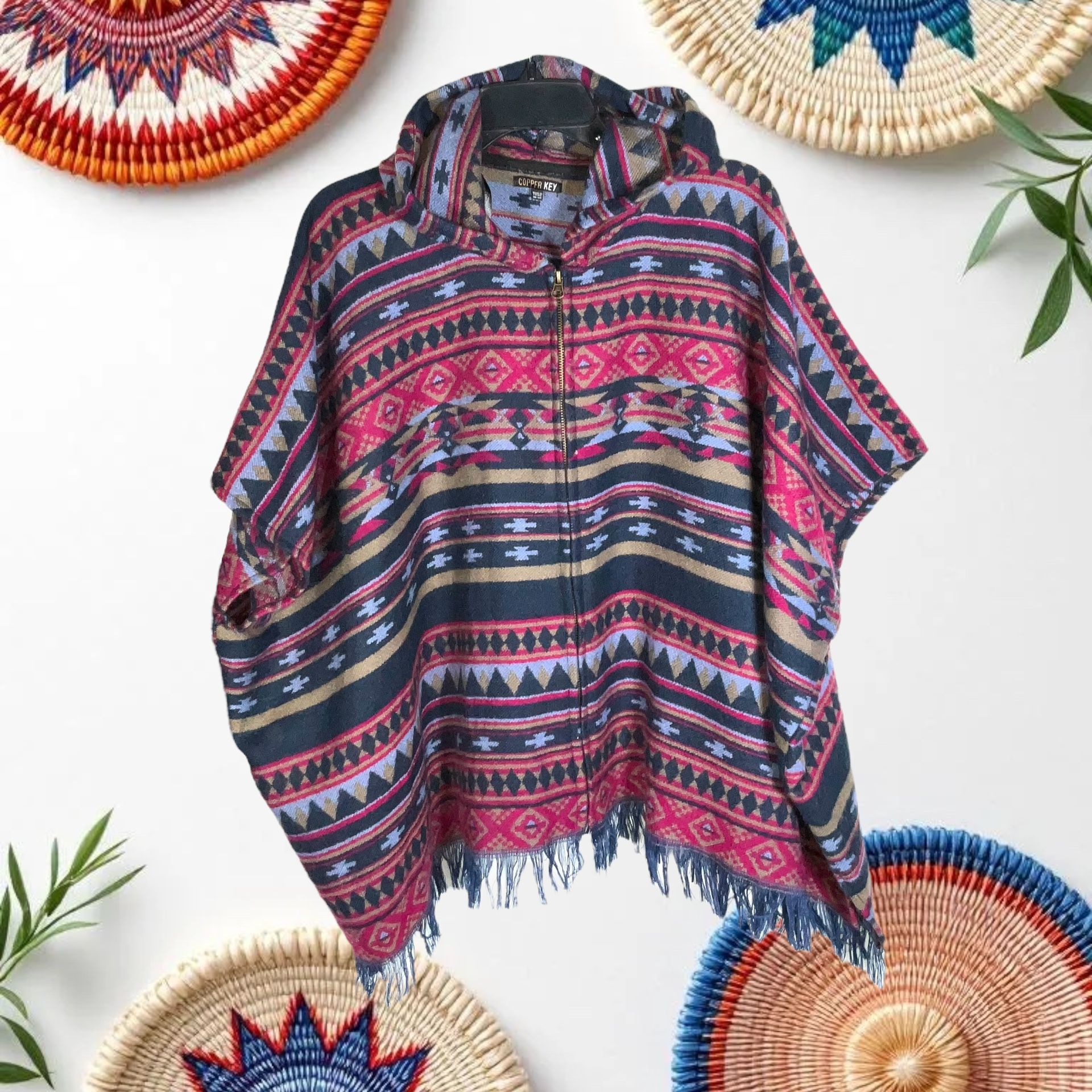 Copper Key Multicolor Southwest Aztec Geometric Zip Hooded Poncho Cape Women One Size