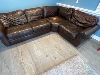 Pottery Barn Brown Leather Sectional — Designer Bones, Bargain Price, Minor Flaw, Major Deal