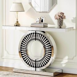 New assembled Modern Mirrored Console Table, Glass Sofa Table with Sparkling Crystal Inlays Base, 43