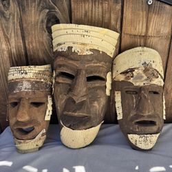 VINTAGE OAXACA HUAVE MEXICO HAND CARVED WOOD FACE  MASK TRIO TRIBAL CEREMONIAL