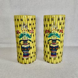 Pair Of Chinese Porcelain Yellow Tongzhi Period Bamboo Vases. 