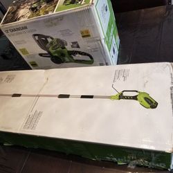 Green works and Ryubi cordless 40 volt powerful new chain saw and pole chain saw with battery and charger