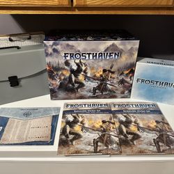 Frosthaven With Tons of premium upgrades, 2 Reusable Sticker packs, Premium card sleeves for the whole game, Solo scenarios, Tile organizer, 