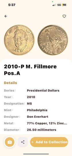 2010-P Millard Fillmore Presidential Dollar BU Mint State UNC Collector Coin