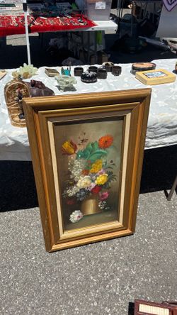 vintage floral oil painting in wood frame