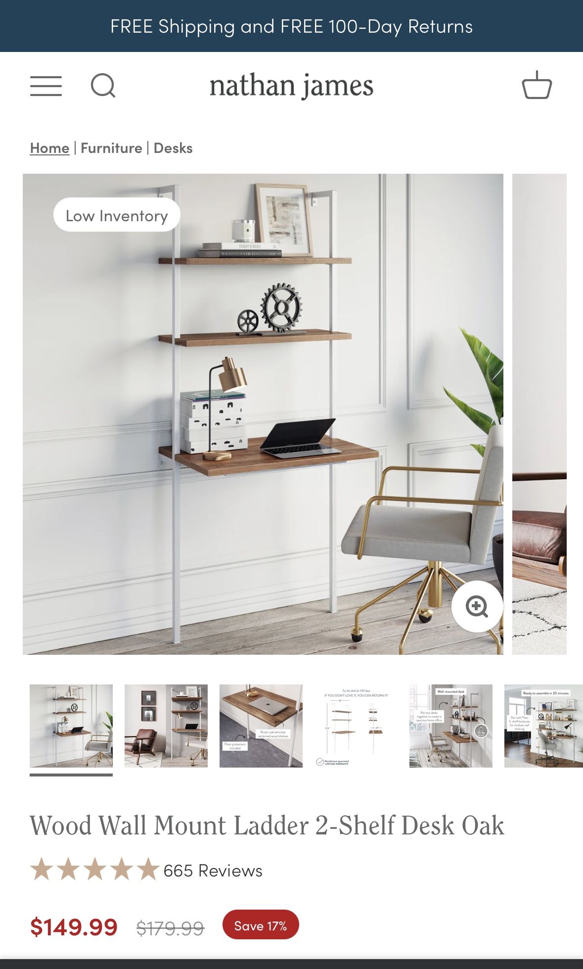 Wood Wall Mount Ladder 2-Shelf Desk Oak