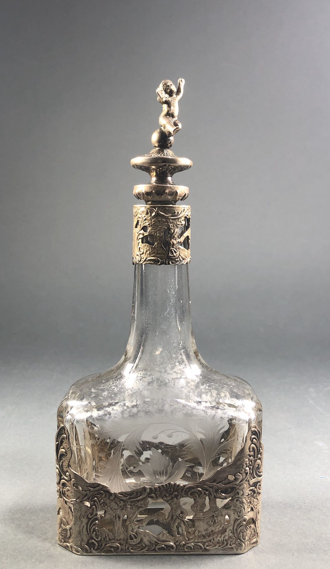Hanau 800 Silver Etched Glass Decanter Cologne Bottle Putti Stopper Antique