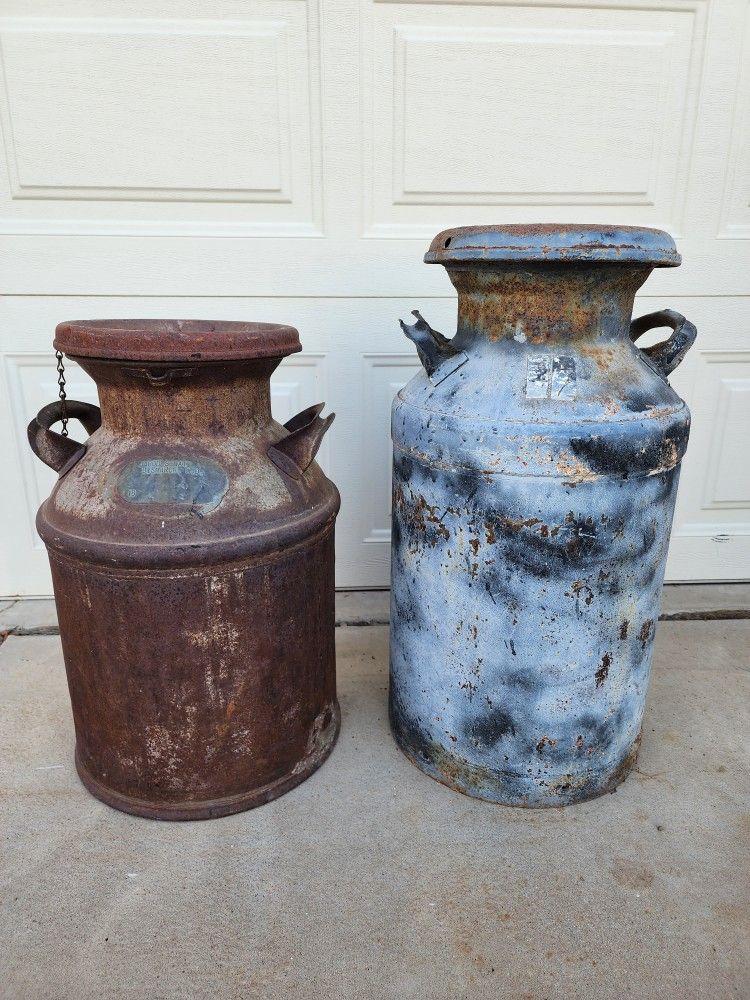 2 Vintage Metal Farm Milk Jug Container Cow Ranch Cabin Yard Art