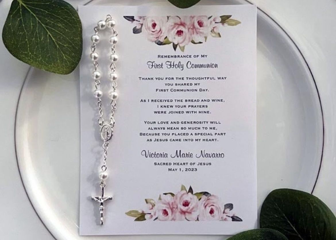 10 FIRST COMMUNION religious pink rosary remembrance prayer cards favors gifts
