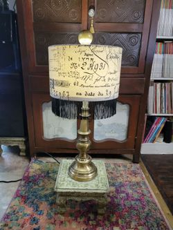 Vintage Brass Table Lamp with Fringe Shade
