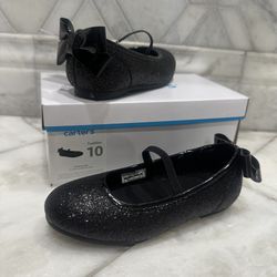 NWT Size 10 Toddler Girls Black Glitter with Bows Ballet Style Dress Shoes