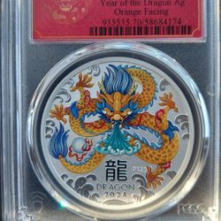 MS70 AUSTRALIA YEAR OF THE DRAGON AG ORANGE FACING  1OZ  SILVER COIN 