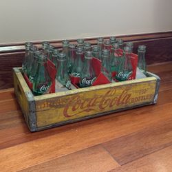 Vintage Coca Cola Yellow Wooden Crate With Bottles And Paper Cases