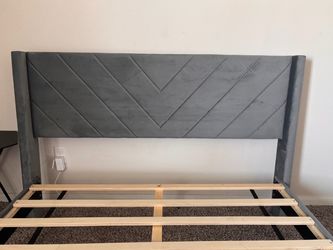 Gray Upholstered Bed Frame with Headboard Queen Size