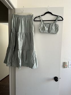 Two-Piece Sage Green Tiered Maxi Skirt and Crop Top Set size s never used