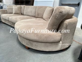 NEW Modern Sectional Sofa with LARGE CURVED CHAISE set Khaki Tan Beige Fabric Ashley Style Designer BIG Couch Sale Discount Warehouse Dark Grey Gray