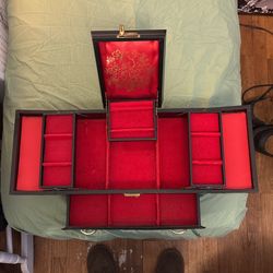 Vintage Black Leather And Red Velvet Interior Tiered Jewelry Box With Drawer