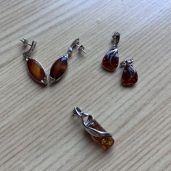 Amber Earrings And Amber Pendant With Sterling Silver 