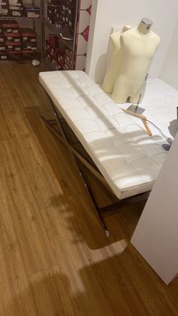 White Tufted Leather Bench with Chrome Frame