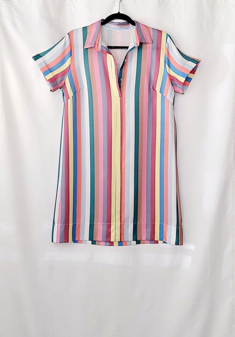 NWOT Collared Multi-Stripe Button T-shirt Tunic Relaxed Fit Short Sleeve Dress M