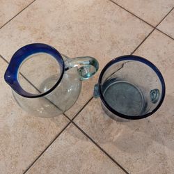 Blue Rim Mexican Pitcher And Ice Bucket