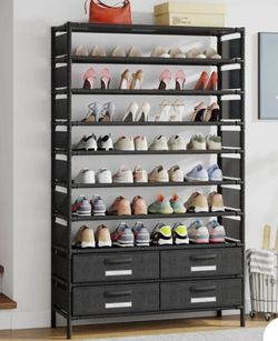Tribesigns 10 Tier 32 Shoe Pairs Rack Organizer, 4 Bins Drawers Closet Entryway