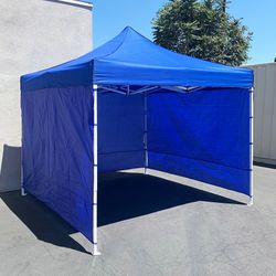 (New) $129 Heavy Duty 10x10ft Popup Canopy with 3 Sidewalls, White/Blue