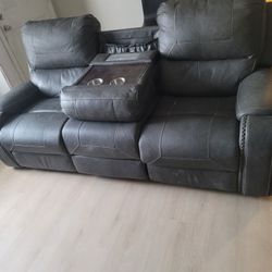 Beautiful Dark Grey Leather Reclining Couch Set