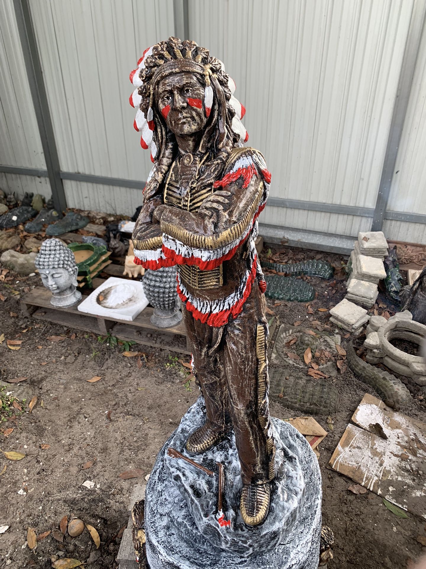 5ft Tall Total Indian Chief And Pedestal Concrete Statues Brand New