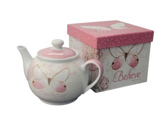 Christian Art Gifts Botanic Butterfly Blessing Believe Ceramic Teapot NEW In Box. The item shown is the Believe Pink Butterfly Blessings Ceramic Teapo