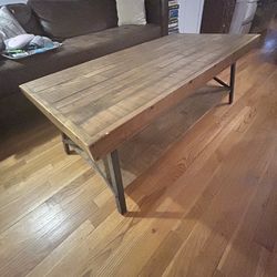 Solid Wood Industrial Coffee Table w/ Metal Legs & Shelf