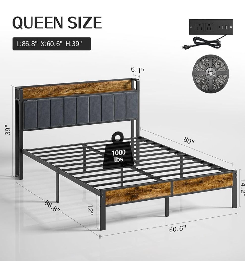 Queen Bed Frame with Headboard, Metal Platform Bed with USB Charging Station,