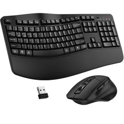 Wireless Keyboard and Mouse Combo, 2.4G Full Size Wave Keys Ergonomic Keyboard with Wrist Rest and 3-Level DPI Adjustable Wireless Ergonomic Mouse for