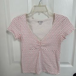 Brandy Melville John Galt White Heart Print Gina Cinched VNeck Top Shirt NEW OS