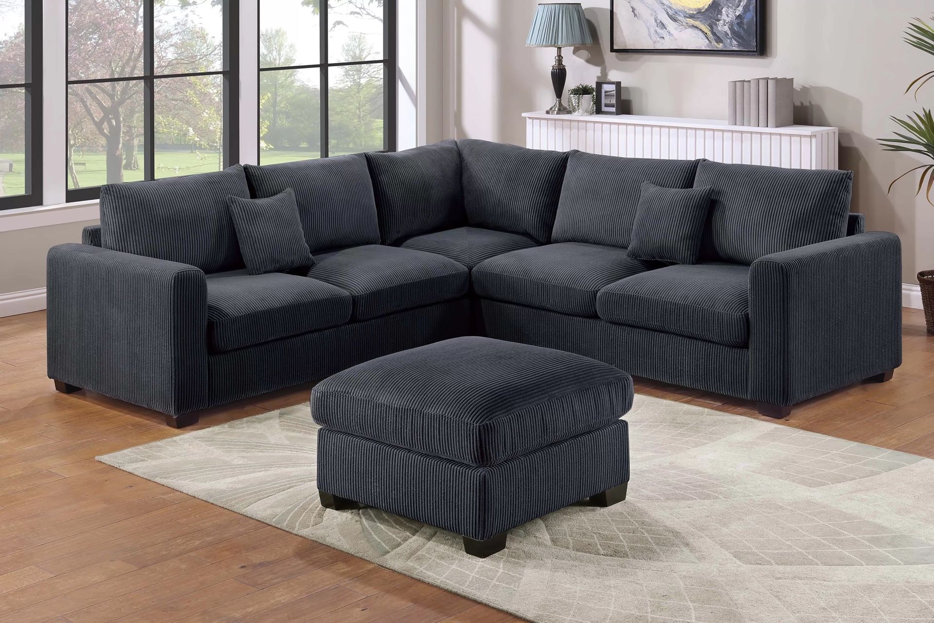 Black Corduroy Sofa Sectional w/ Ottoman