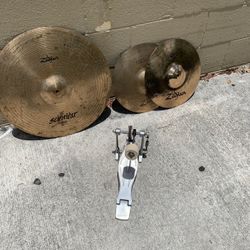 Zildjian 14” Hi Hat Cymbals 20” Ride And Bass Drum Pedal 