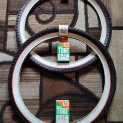 NEW Bicycle Bmx Cruiser Tires 24" White Wall Red Trim Diamond Pattern