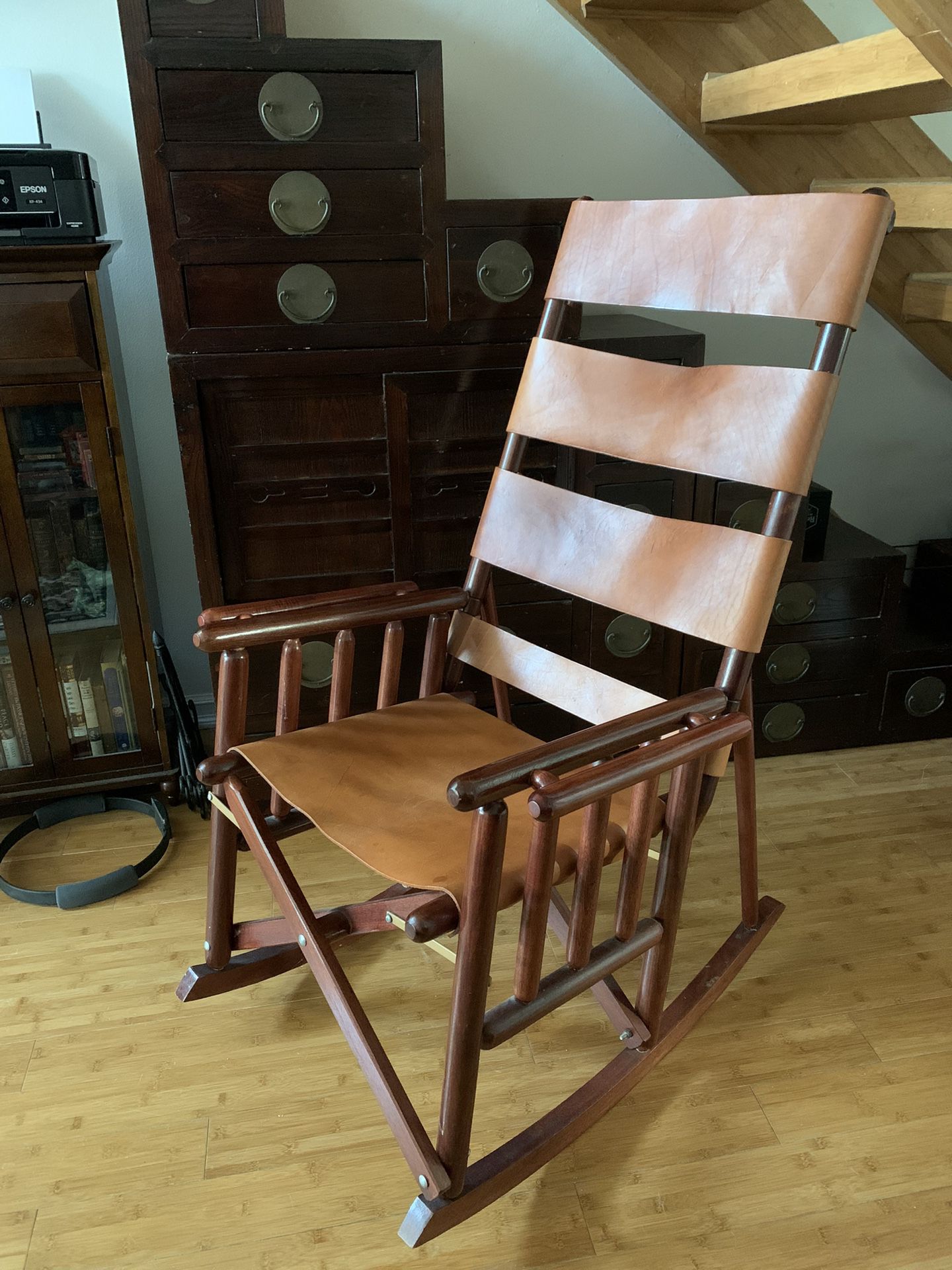 Leather and wood folding rocking chair
