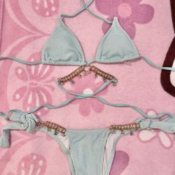 Blue Ribbed Jeweled Bikini Set - Size: S