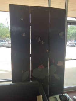 Vintage Chinese 3 panel room divider black lacquered - 8 feet tall