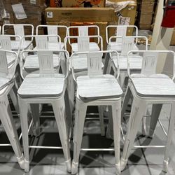 30" Industrial Metal Bar Stools Set of 4 Counter Height Barstools Kitchen Bar Chairs with Wooden Top-Low Back, Distressed White $30 each