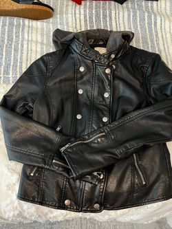 Black Free People Leather Coat W/hood