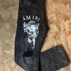 Discontinued Black Angel Print Amiri Jeans