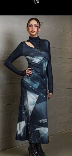 Edgy faux demin patchwork maxi dress long sleeve cutout