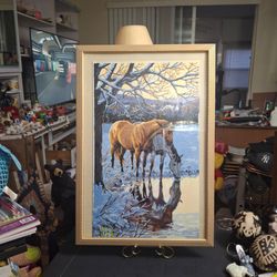 "Reflections" Framed Paint-By-Number Artwork Depicting Horses In A Winter Scene-Has A Print Of A Beautiful Angel On Back 22.5"H x 15.5"W