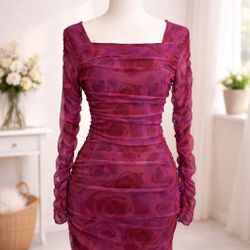 Romantic Ruched Rose Mini Bodycon Dress