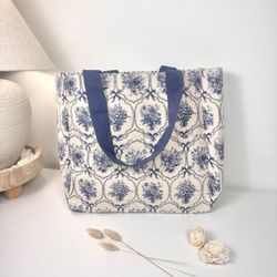 French Provençale Style Tote Bag 14" tall - Blue and White