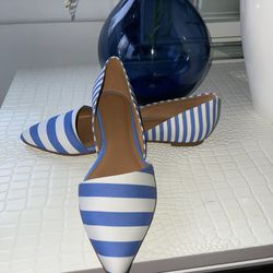 J.Crew Women’s D’orsay  Flats Pointed Toe Blue /White Stripes Fabric Size 7 , New Never Used ,not Box