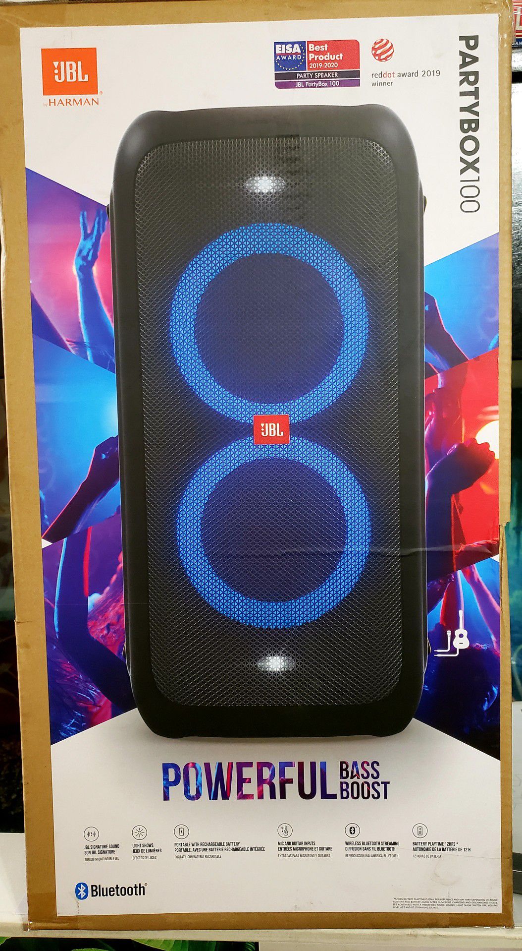 Jbl party box 100 with lights bluetooth battery life 12hrs sounds amazing brand new