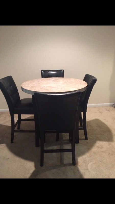 Marble Table with 4 Black Leather Chairs